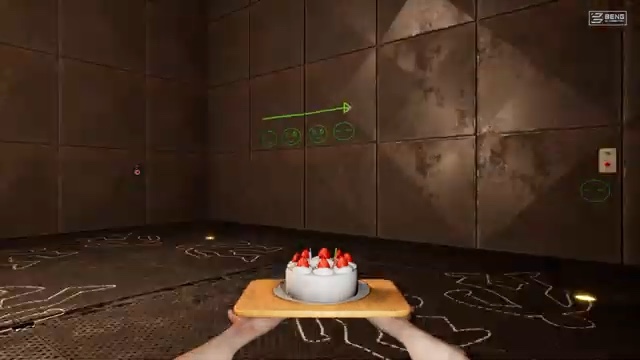 Four green face drawings beneath a right-pointing arrow on the factory puzzle room wall