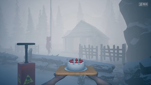 T-handled detonator beside a snowy rock, with the clock creature and fenced cabin in the background