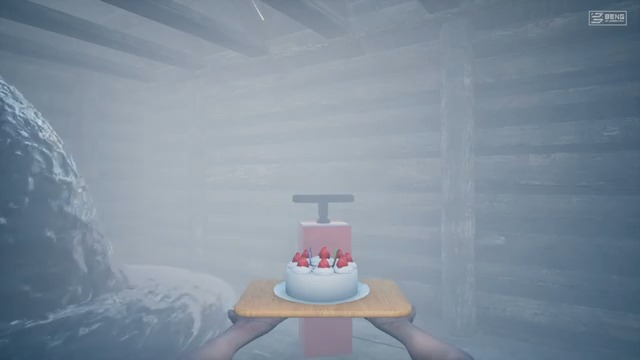 Red upright detonator with a T-shaped handle beside the snowy cabin wall and a rock