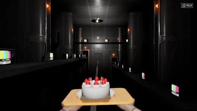 Chapter 5 factory passage with monitors on both sides and a narrow central lane