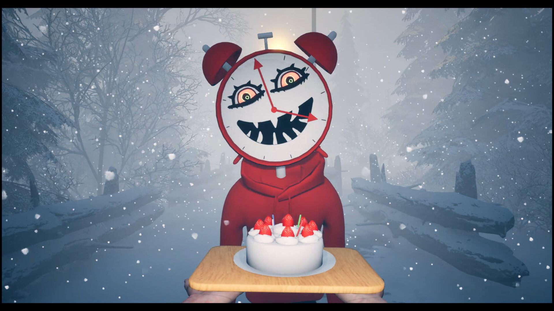 Red clock-headed creature facing the player on a snowy path